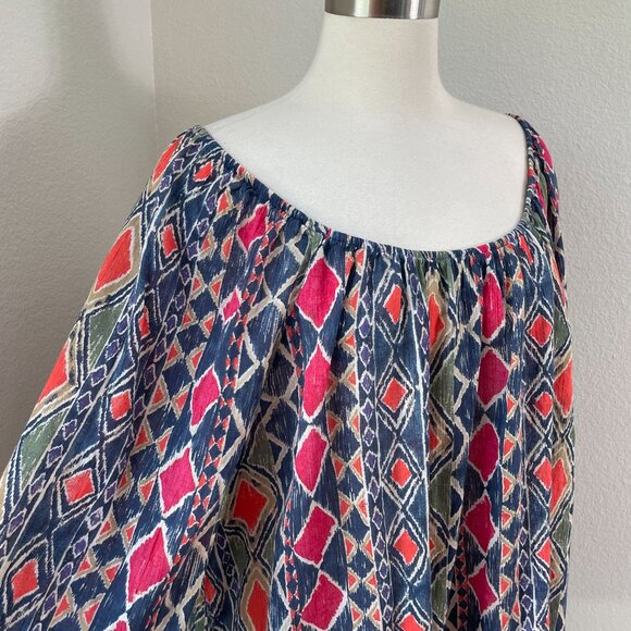 Chaps Womens Plus 3X Ikat Peasant Top Long Sleeve Boho Blouse Shirt - Picture 2 of 7